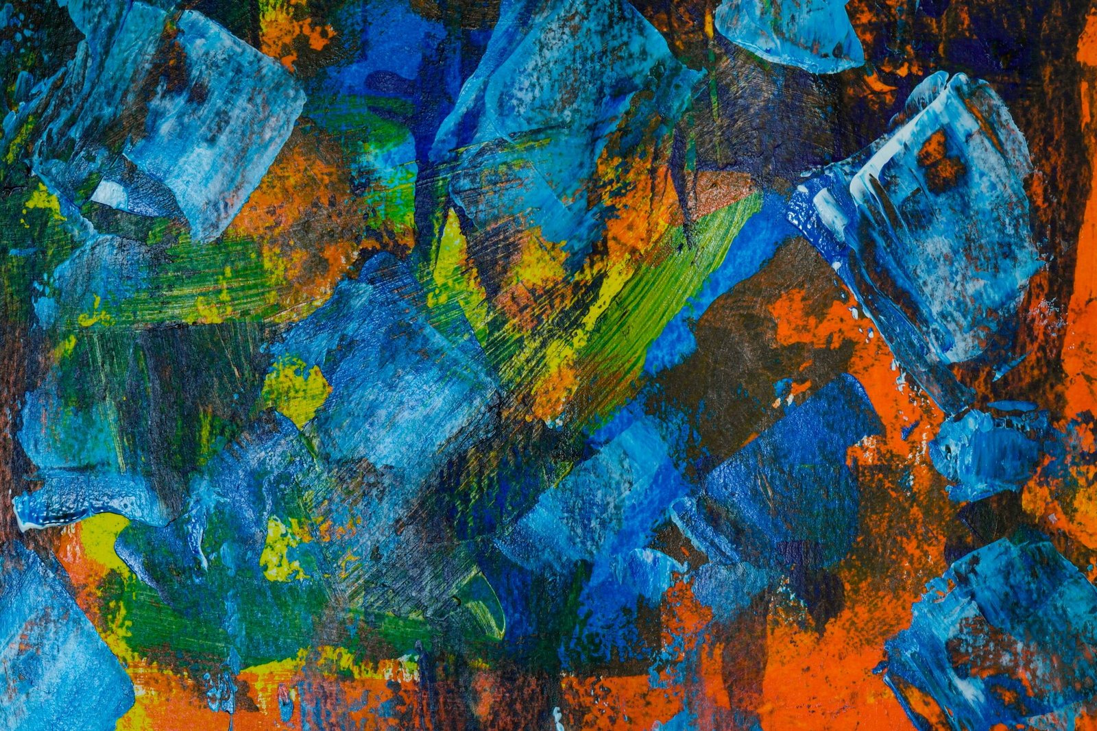 Colorful abstract acrylic painting with bold blue and orange hues. Modern art for vibrant decor.