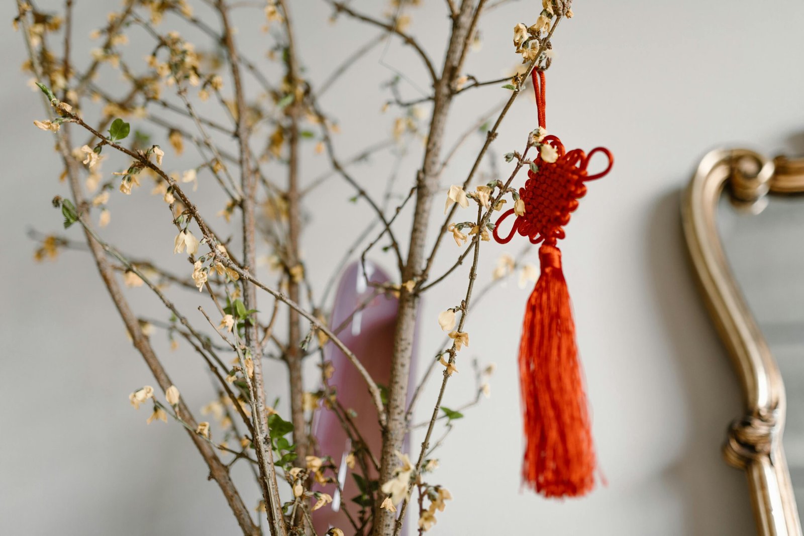 Red Chinese knot decoration hanging on a bare branch indoors, symbolizing luck for Chinese New Year.