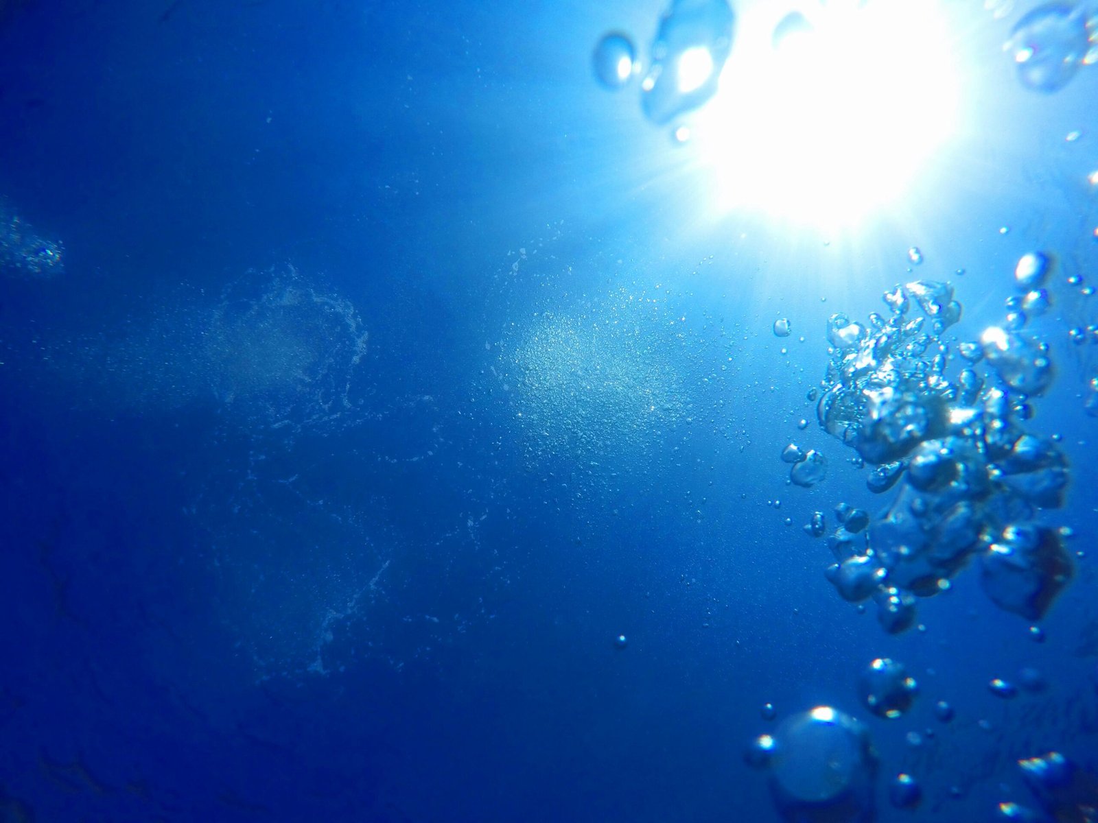 Capture the serene beauty of light filtering through ocean water with shimmering bubbles.