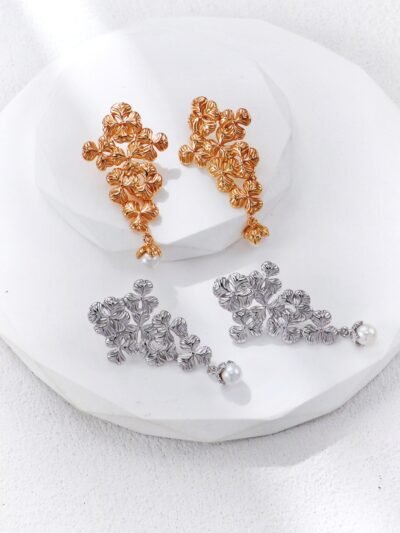 vintage gold flourish bloom pearl earrings