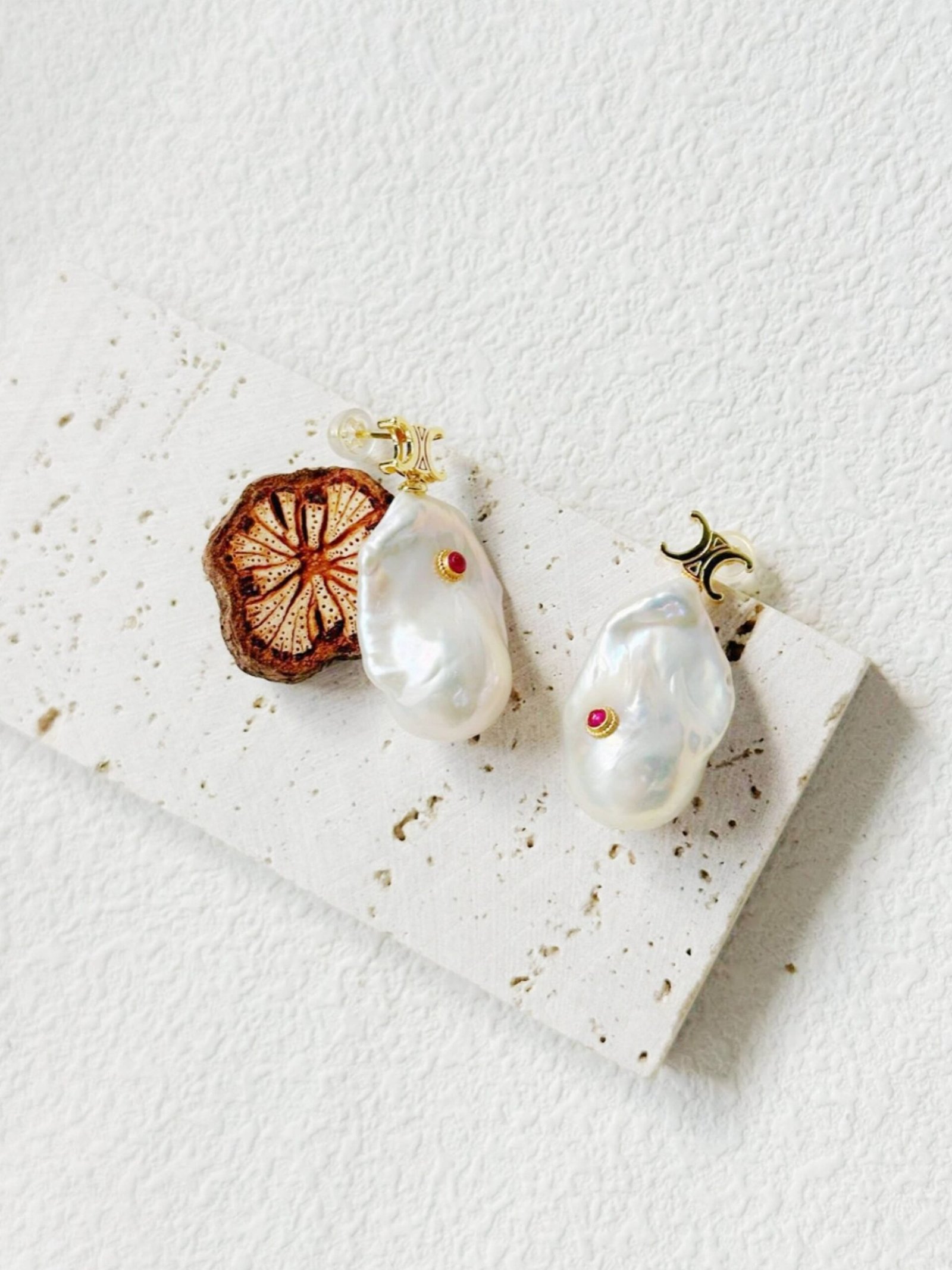 Crimson Bloom Baroque Pearl Earrings – 18K Gold Vermeil Studs